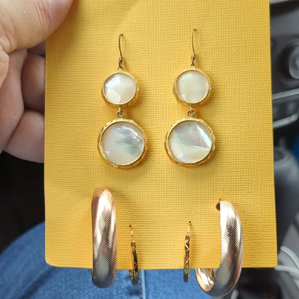 Gold-Tone Mother of Pearl Drop Earrings - 2 Pairs Of Gold Tone Hoops